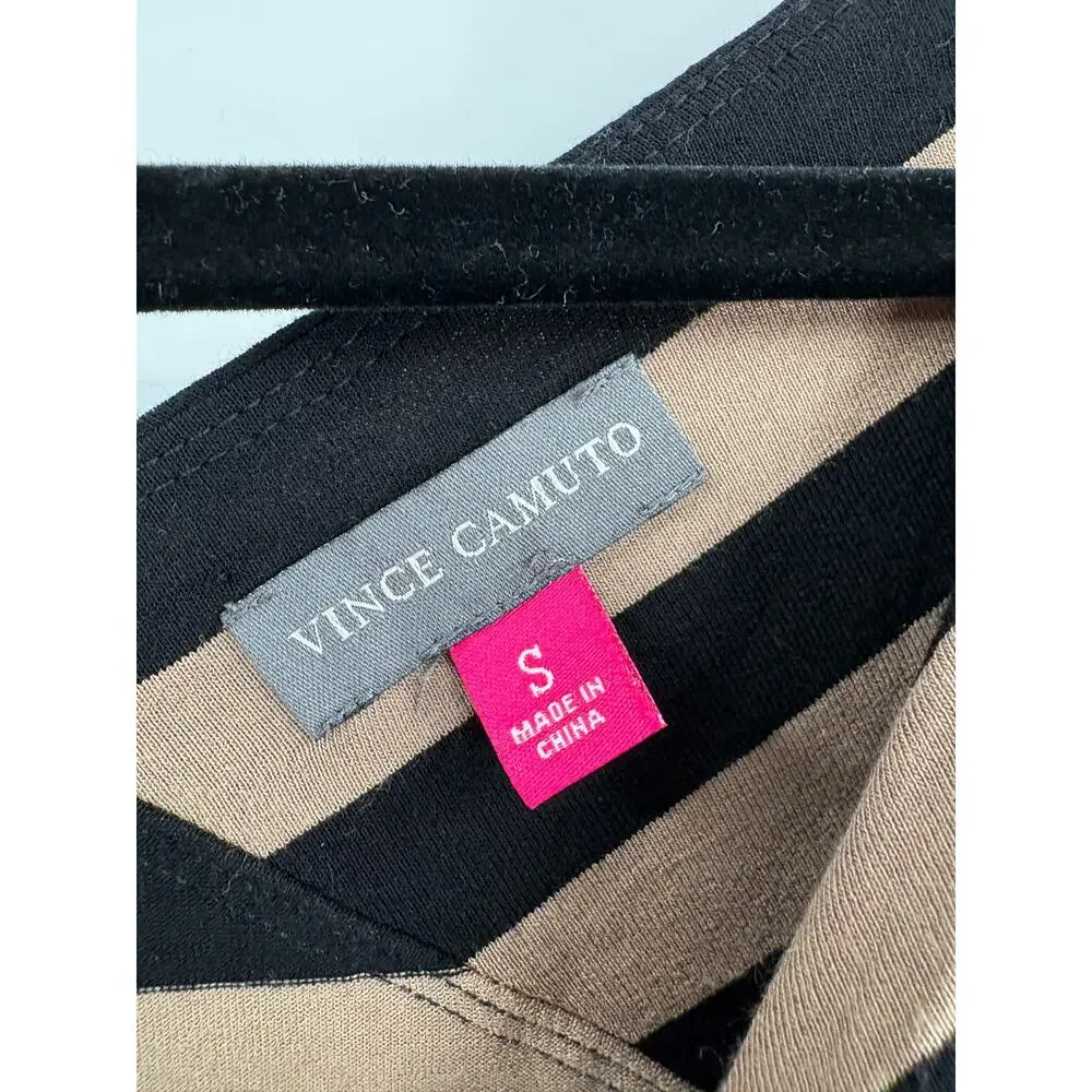 2/$30 VINCE CAMUTO Top Size S Stretch Black Tan Stripe Asymmetrical Blouse - Picture 3 of 5
